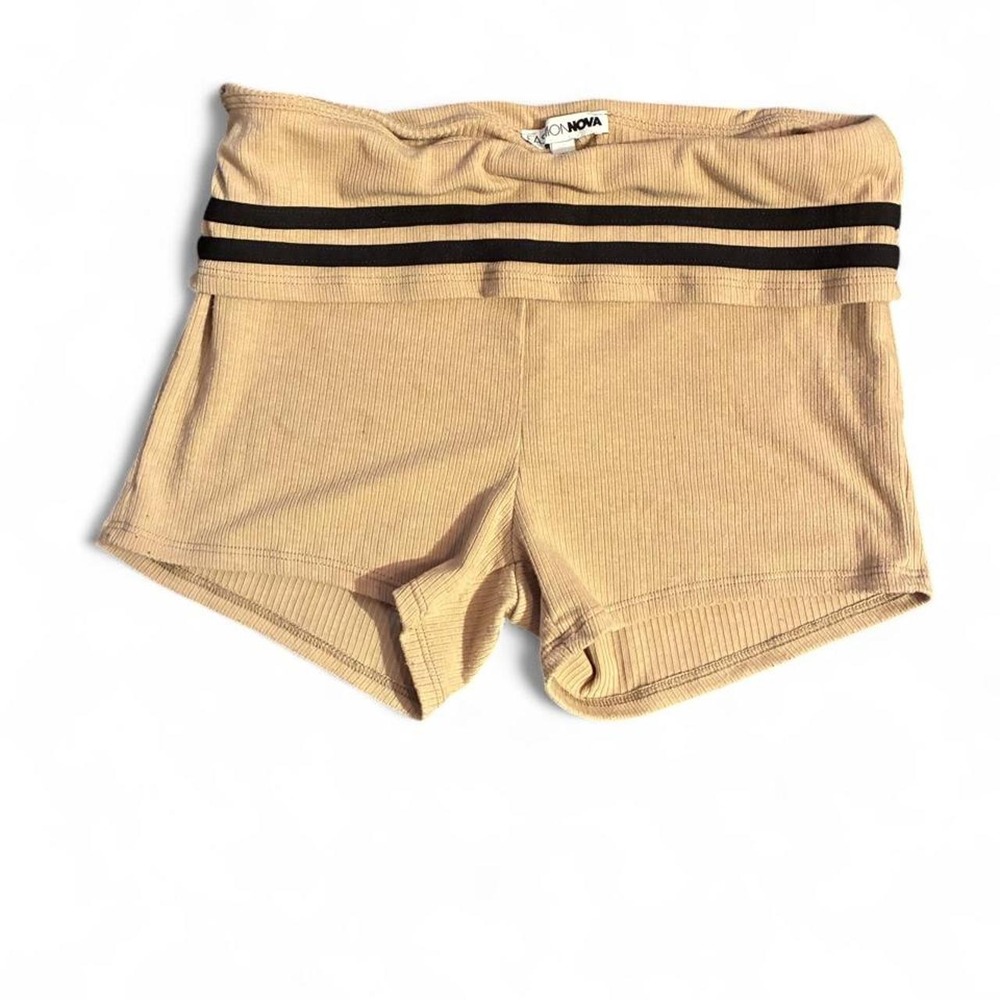 Tan ribbed fold over shorts with black stripes
